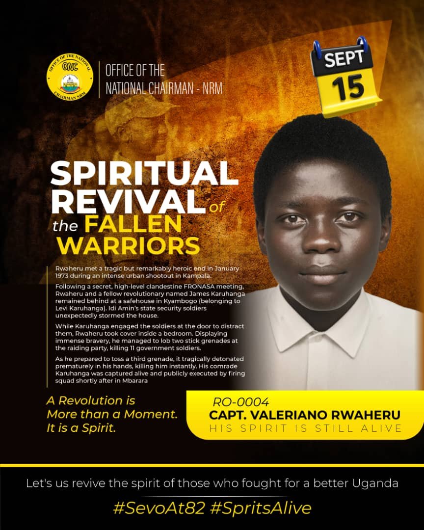 KyanikaReh6882's tweet photo. We honor the ultimate sacrifice of Capt. Valeriano Rwaheru, a true revolutionary who gave his all for a better Uganda.
His heroism, alongside that of his comrade James Karuhanga, reminds us that a revolution is more than a moment; it is a spirit.

 *#M7At82*
*#SpiritualRevival* https://t.co/6DIoG1jNFb