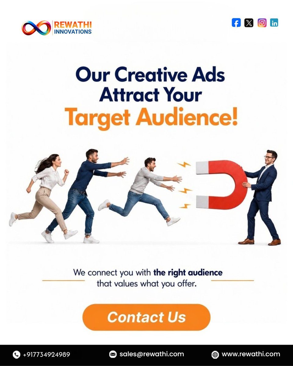 RewathiIT's tweet photo. Great advertising doesn’t just get attention. It gets the RIGHT attention. 🚀🎯

📞 +91 77349 24989
📧 sales@rewathi.com
🌐 https://t.co/zJEWiDK2xP

Who is your ideal customer? 👇 Tell us in the comments!

#RewathiInnovations #DigitalMarketing #CreativeAdvertising #TargetAudience https://t.co/uMJBsi2wmy
