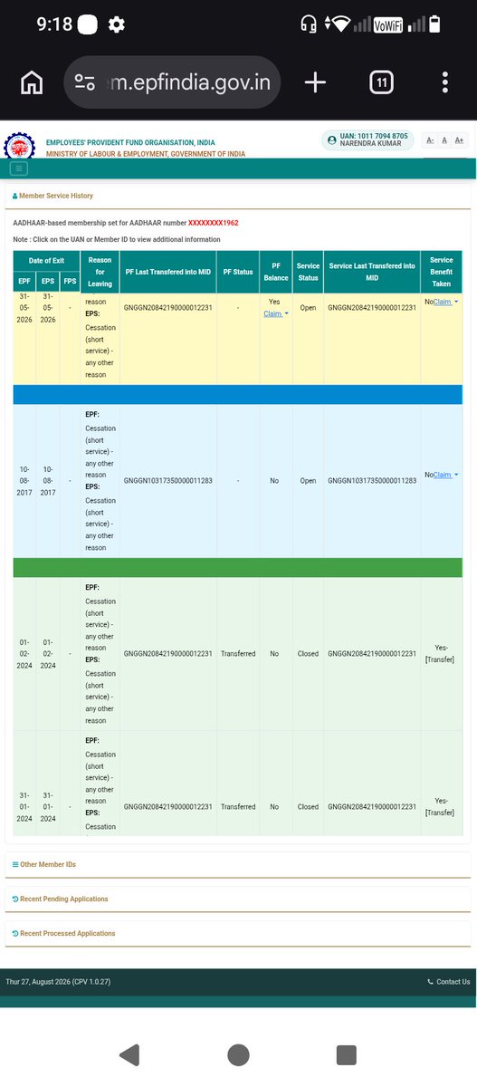 vaid_narendra's tweet photo. @officialepfo @narendramodi @mansukhmandviya @ShobhaBJP @PMOIndia @LabourMinistry @PIB_India @mygovindia I raised a griviance on 29/08/26 but they asked me to do it online. I am not getting the option for delink that member id from pf pf history and because of that I am not able to make a claim. Neither allowing me register another grievance. Plz help https://t.co/xoC1XImGsY