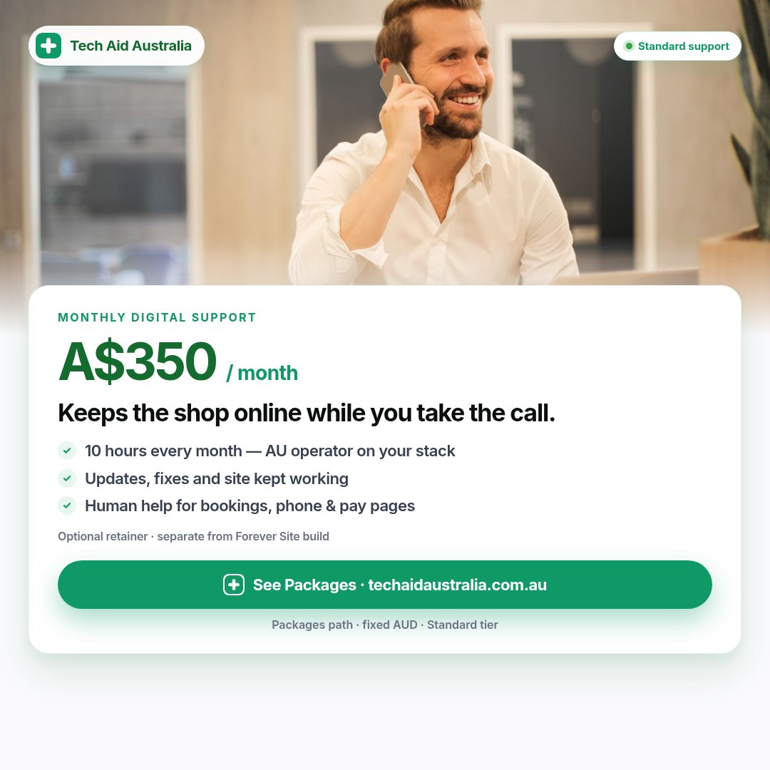 techaidau's tweet photo. 📞 A$350/mo Standard · packages
1800 953 243
ABN 33 959 110 665 | ACN 635518580
https://t.co/aa6aPlKtgG
https://t.co/Y8O4iZjRDk
#TechAidAustralia #ForeverSite #SmallBusinessAustralia #Websites https://t.co/3kpGSQdk3M