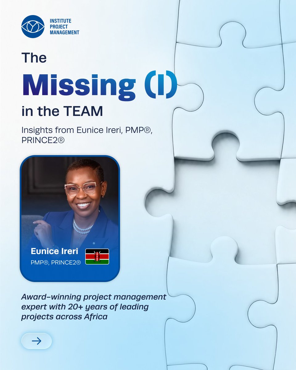 ProjectMgmtInst's tweet photo. A team can share the credit without sharing the workload. In her latest insight for IPM, Eunice Ireri, PMP®, PRINCE2® explores The Missing “I” in the TEAM – and why Project Managers can end up quietly carrying the work while the team receives the credit: https://t.co/sMu83LExiL https://t.co/V1XX6whjfW