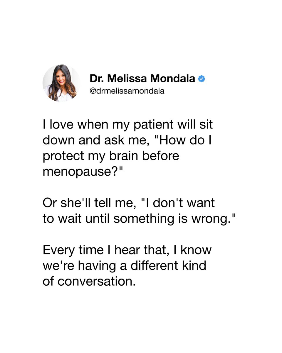 MMondalaMD's tweet photo. One of my favorite things about practicing lifestyle medicine right now: the questions have changed.

Women are asking, "How do I protect my brain before menopause?"

Ten years ago, I wasn't hearing that.

Women's health is changing because women are asking better questions. https://t.co/cVz1TptHRL