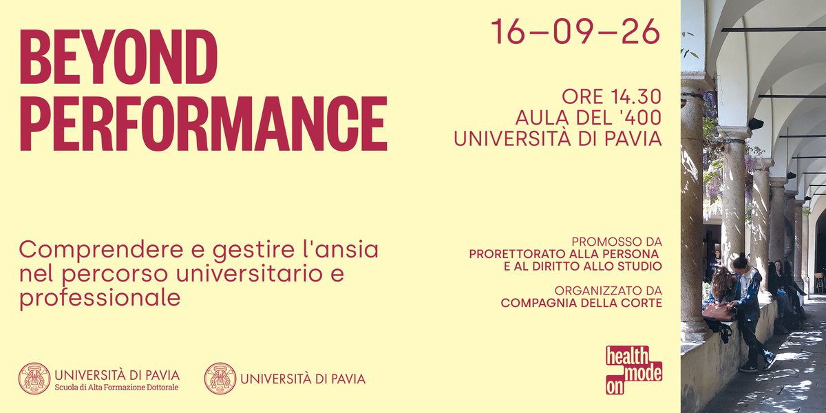 unipv's tweet photo. Benessere psicologico in Ateneo: il 16/9 l'Aula del '400 ospita l'avvio di "Beyond Performance", incontro su ansia e stress aperto a tutta la comunità accademica.
In programma anche counseling individuale e laboratori dedicati. Info: https://t.co/55z44V83MZ #unipv #SaluteMentale https://t.co/GIc7cLhorb