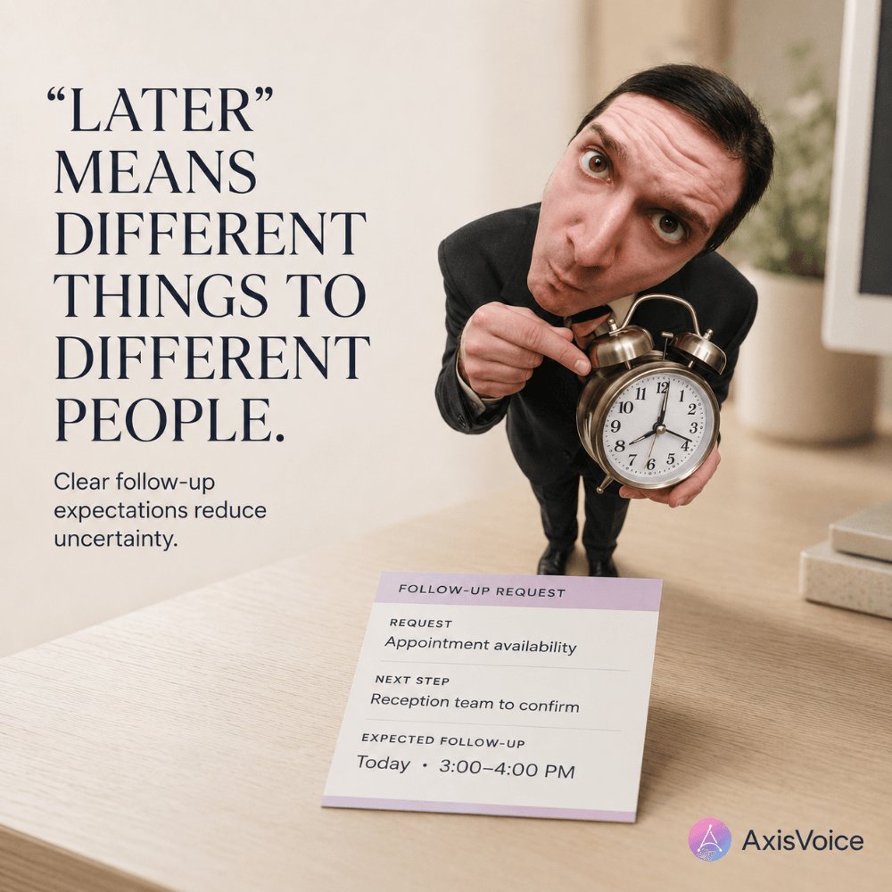 AxisVoiceAI's tweet photo. “Later” isn’t a deadline.
Give customers a clear next step and a clear expectation for when they’ll hear back. Less uncertainty. Better follow-up.
Visit:
#CustomerExperience #AICommunication #AxisVoice https://t.co/9lNAoUjhvm