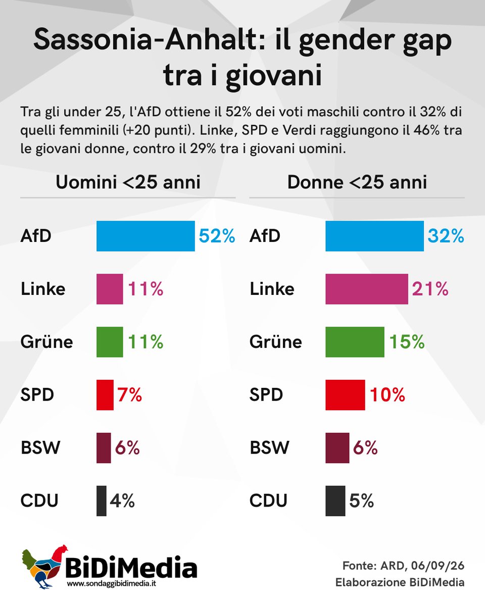 SBidimedia's tweet photo. I giovani, come praticamente ogni segmento socio-demografico in Sassonia, hanno premiato AfD.

Ma ci sono importanti differenze tra ragazzi e ragazze. Nei primi, AfD è maggioranza assoluta, con il 52%.
Tra le ragazze, invece, la situazione è più combattuta, con AfD sempre primo partito ma con il 32% e Linke relativamente vicina con il 21%. Bene anche Verdi e SPD, mentre sono simili tra le due categorie i voti per BSW e CDU.