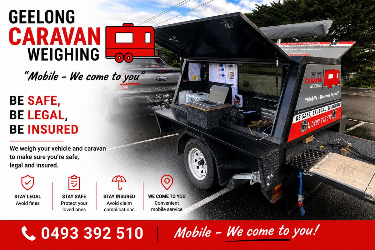 ConsuelaKoncan's tweet photo. IS YOUR CARAVAN &amp; TOW VEHICLE OVERWEIGHT? Geelong Caravan Weighing offers professional mobile 8-pad weighing for safer, legal towing. Get individual wheel, axle and tow ball weights, plus compliance checks. Avoid fines, insurance issues and unsafe https://t.co/kCEU9fOg2L