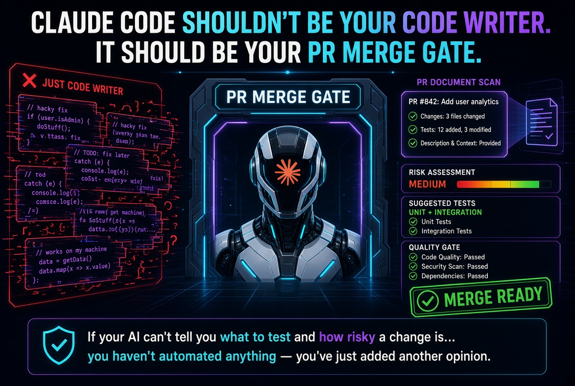 Pms_interface's tweet photo. Monday thought: Claude Code shouldn't be your code writer. It should be your PR merge gate.

If your AI can't tell you what to test and how risky a change is, you haven't automated anything — you've just added another opinion. https://t.co/x6zqULYKch