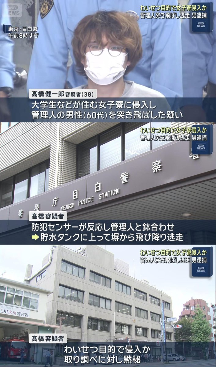 tkzwgrs's tweet photo. 【話題】女子寮に猥褻目的で侵入した男を逮捕→10年前にも話題になった“性犯罪者公務員”の再犯と判明

■高橋健一郎(38)容疑者
・豊島区の学生向け女子寮に壁をよじ登って侵入
・鉢合わせした管理人を突き飛ばして逃亡するも逮捕
↓
・2017年にも性犯罪で逮捕され服役
・当時中野区職員だった同氏は、 区役所の住民情報システムからターゲット女性を物色し、盗み見た個人情報から女性宅に侵入
・入浴後の全裸女性に抱きつく、待ち伏せして女性の首を絞めて押し倒すなど6件の強制わいせつで起訴され数年服役
・出所後まもなく今回の事件を起こした模様