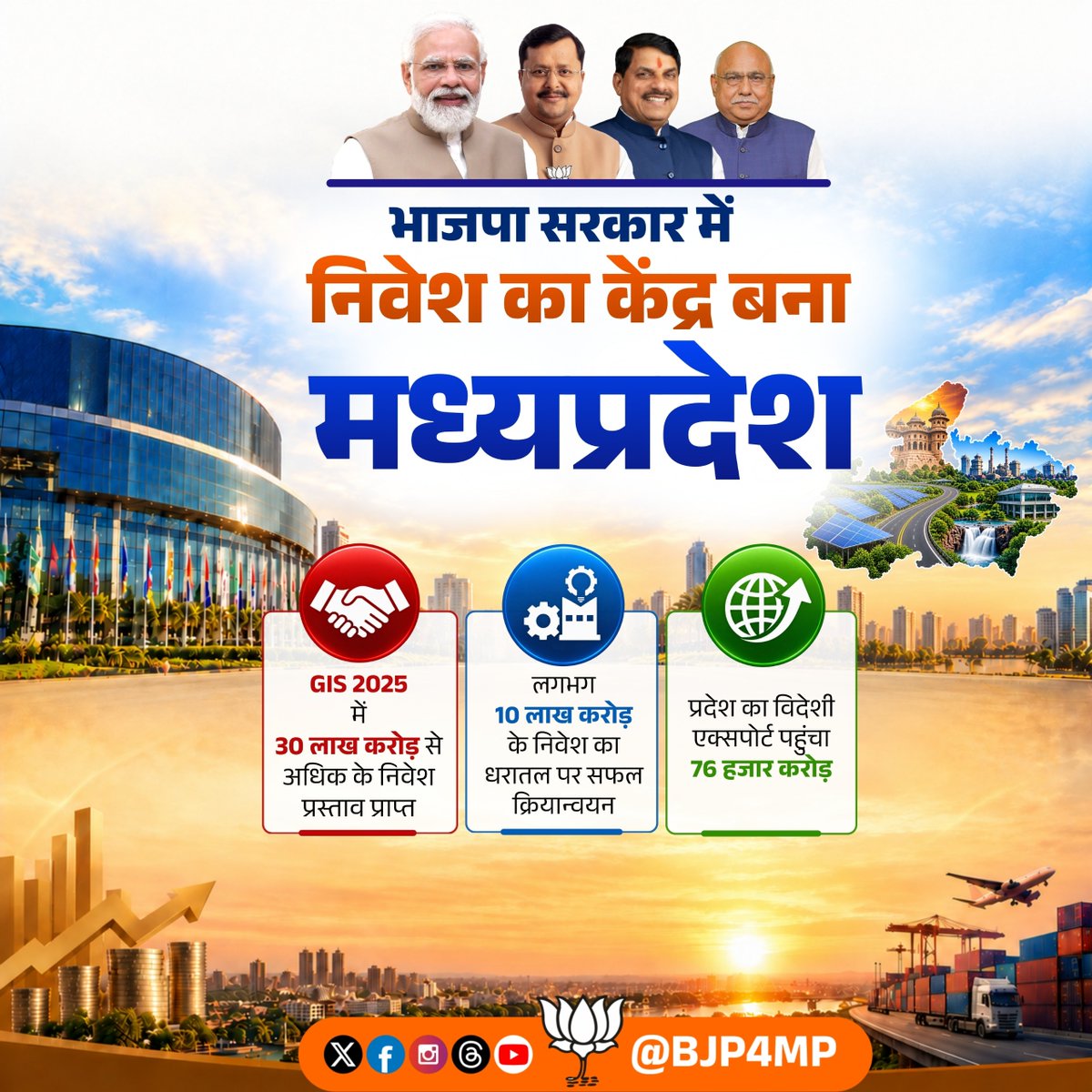 BJP4MP's tweet photo. भाजपा सरकार की विकास और निवेश हितैषी नीतियों से मध्यप्रदेश निवेश का केंद्र बन रहा है। 

बड़े निवेश प्रस्ताव और परियोजनाओं का सफल क्रियान्वयन एवं बढ़ता निर्यात प्रदेश में रोजगार व समृद्धि के नए अवसरों का सृजन कर रहा है। https://t.co/7SUoIl1NCK