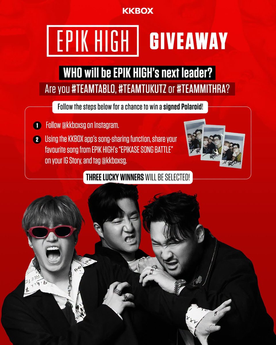 always_beahit's tweet photo. @Tukutz81 @KKBOX PICK YOUR TEAM, PICK YOUR EPIK HIGH LEADER (for the next 6 months 🤣)!
Are you #TEAMTABLO, #TEAMTUKUTZ or #TEAMMITHRA @realmithrajin ?
Stream your favourite song from The 1st EPIKASE SONG FESTIVAL from wherever you get your music 🎶 https://t.co/cvQFqCzv17