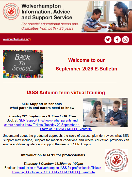 WolvesIASS's tweet photo. Our September E- Bulletin has been released!

Discover national SEND updates, information resources, the latest training opportunities and SEND inclusive activities available for children and young people during the summer holiday in Wolverhampton:

https://t.co/qx2DdRhhuv https://t.co/b68mQZUPLl