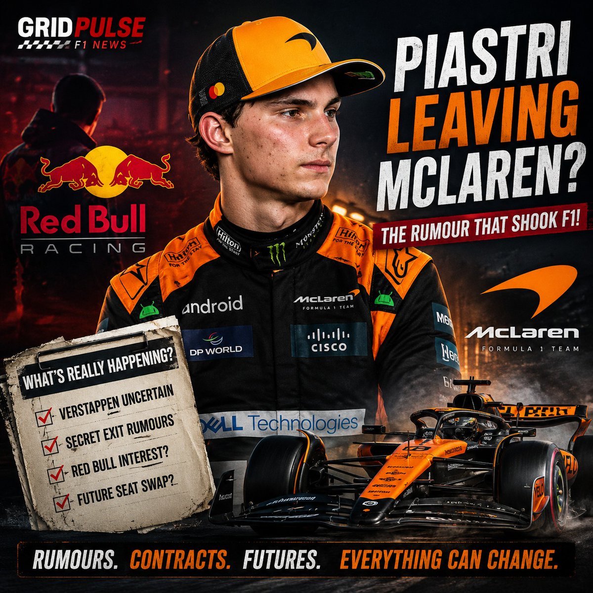 ImogeneTidne's tweet photo. Oscar Piastri leaving McLaren for Red Bull? The rumour has shaken the F1 paddock, but how much is true? With Max Verstappen’s future uncertain, one decision could trigger a major driver-market domino effect. https://t.co/RIAEsKfJ4l