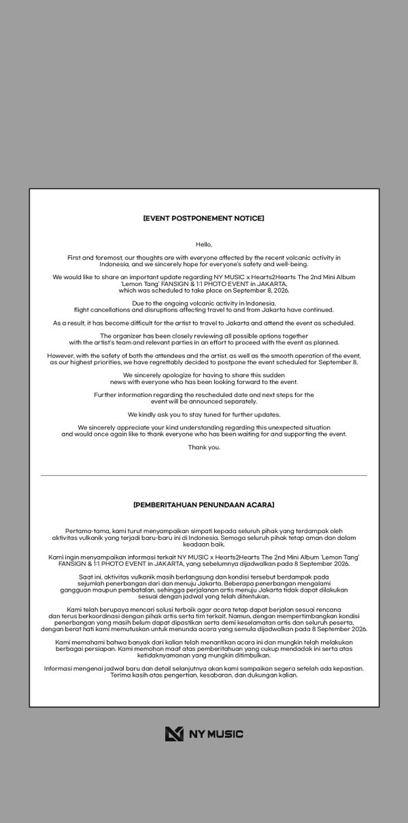 nymusickr's tweet photo. [NOTICE] NY MUSIC x Hearts2Hearts ‘Lemon Tang’ FANSIGN &amp; 1:1 PHOTO EVENT in JAKARTA – EVENT POSTPONEMENT

Please refer to the notice for further details. https://t.co/M38a3V0sg4