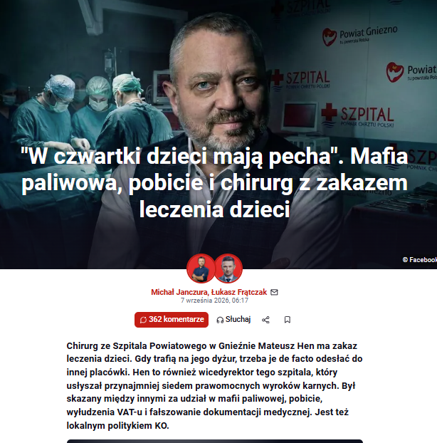 jan_czura's tweet photo. ‼️Tak wygląda proszę Państwa układanka w szpitalu w Gnieźnie: 

💠Mateusz Hen jest wicedyrektorem szpitala w Gnieźnie 
➡️szpital ogłosił konkurs na obsługę oddziału chirurgii, ale postawił wymóg niekaralności 
➡️nikt się nie zgłosił 
➡️zmieniono więc warunki konkursu i zrezygnowano z wymogu niekaralności 
➡️zgłosiła się spółka zarządzana przez matkę wicedeyrektora Hena! (do pierwszego nie mogła się zgłosić bo Hen jest karany za pobicie, którego dokonał wspólnie z matką)  
➡️ta sama spółka wygrała 4 konkursy w tym szpitalu 
➡️dla spółki pracuje Mateusz Hen - czyli wicedyrektor który w ten sposób nadzoruje spółkę, czyli samego siebie ... 

Czegoś nie rozumiecie? 

https://t.co/JYx2snMH8F
