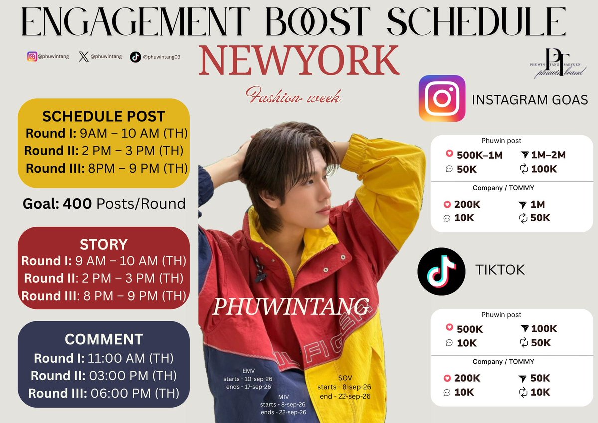 PHUWINBRAND's tweet photo. 📢⚠️ ENGAGEMENT BOOST SCHEDULE ‼️‼️‼️

Everyone please make sure to join in and participate as much as you can so we can get the BEST results possible🙏🫶

Every interaction counts so let's do our best together and show our support to @phuwintang 💪✨

#phuwintang https://t.co/Q6YPZVFzo5