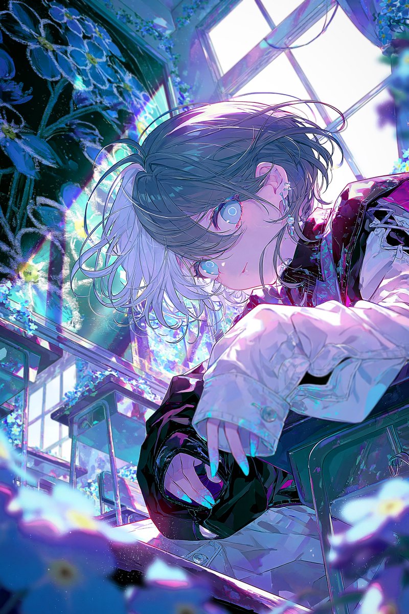 holoJewel's tweet photo. 🩶テーマ：粉 × アートスクール × 花🖤
 #aiart
 『白いアトリエ、花の途中 ✦︎』 https://t.co/ntxyISPYw7