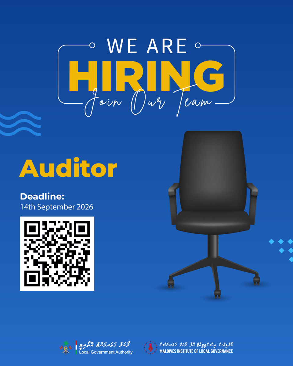 lgaMaldives's tweet photo. JOB ALERT!🚨

We’re hiring:
Auditor

Application Deadline: 14th September 2026, at 13:30 PM
Details: https://t.co/M8tW2XCCkR
Application Form: https://t.co/5SoDjr344T
Submit Applications: info@lga.gov.mv

Join Us!
#JobOpportunity https://t.co/prCWmmi9F7