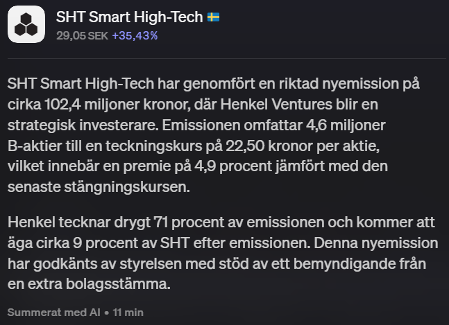 SAVR_Filip's tweet photo. $SHT stiger kraftigt efter att ha annonserat en riktad nyemission till premie. 

Omsättningen är än så länge mager. Det investerare fokuserar på är tesen om att SHT kan bli ett picks-and-shovels-case för AI-chip.

#finanstwitter #pratapengar https://t.co/3DI1DITpTm