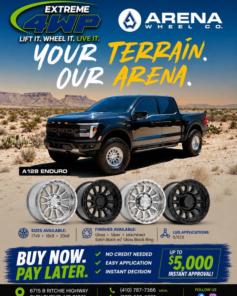AlvaroPalys's tweet photo. NEW ARENA WHEEL MODELS ARE HERE! Upgrade your truck or Jeep with the latest Arena Wheel Co. styles, now at Extreme 4WP in Glen Burnie. Wheels, tires, lift kits, installation, fitment expertise, and flexible financing available. Visit or message us https://t.co/18BWDeULrX