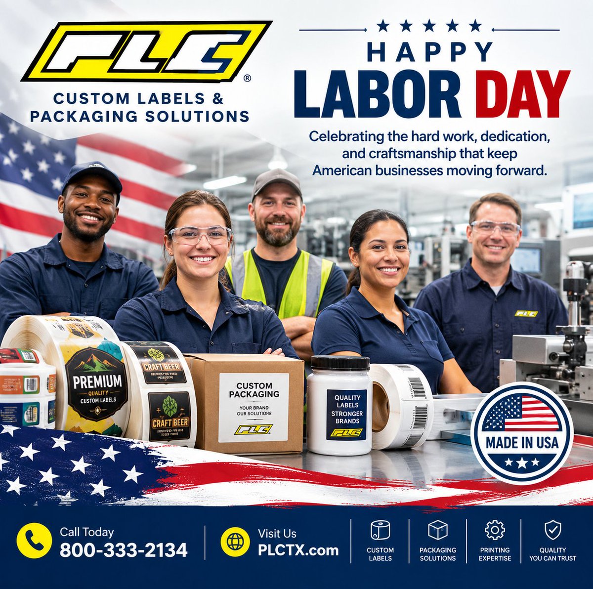 plctx's tweet photo. Happy Labor Day from PLCTX!

Today we celebrate the hard work, dedication, and craftsmanship that keep American businesses moving forward.

🌐 https://t.co/63dlg6mPwu

#LaborDay #PLCTX #CustomLabels #PackagingSolutions #LabelPrinting #Manufacturing #MadeInUSA #AmericanWorkforce https://t.co/g7K3fYJSDE