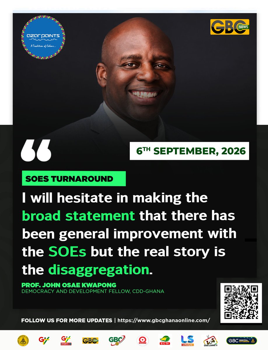 GTV_Ghana's tweet photo. SOEs turnaround
I will hesitate in making the broad statement that there has been general improvement with the SOEs but the real story is the disaggregation.
Prof. John Osae Kwapong, Democracy and Development Fellow, CDD-Ghana
#TalkingPoint
#gbcnews https://t.co/kaHagz1e3v