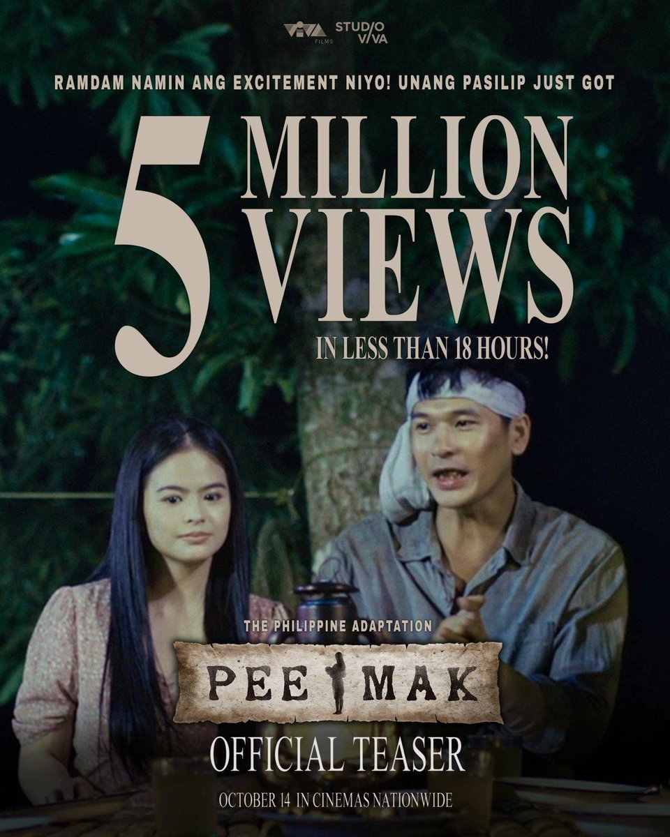 VIVA_Films's tweet photo. NIYANIG NIYO ANG UNANG PASILIP!

#PeeMakPH Official Teaser just got 5 MILLION TOTAL VIEWS! Grabeng salubong 'to sa buong barkada 🤩

Tumawa at kinilig ka na. Ready ka na ba sa takutan? 😏 

OCTOBER 14 in cinemas natiomwide! https://t.co/aBmE2A66AW