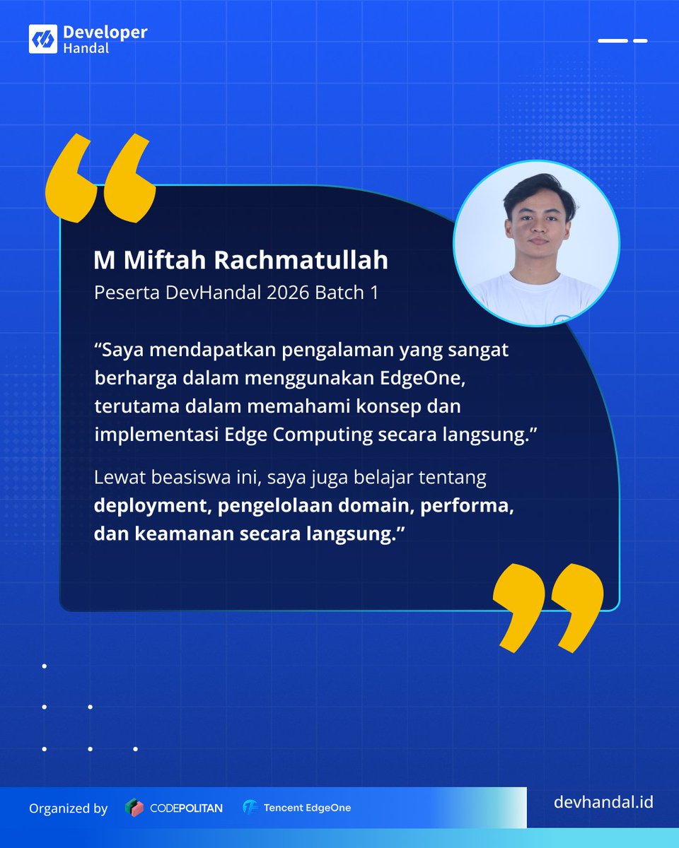 codepolitan's tweet photo. Ikut DevHandal, bukan cuma dapat pengalaman. Kamu juga punya kesempatan buat upgrade skill! Dapatkan Beasiswa 3 kelas Online dari CODEPOLITAN🔥

👉 Daftar sekarang di https://t.co/WMUWbzdCDx

#DevHandal2026 #DevHandal #TencentEdgeOne #EdgeOneMakers #CODEPOLITAN https://t.co/f82EvPgb6q