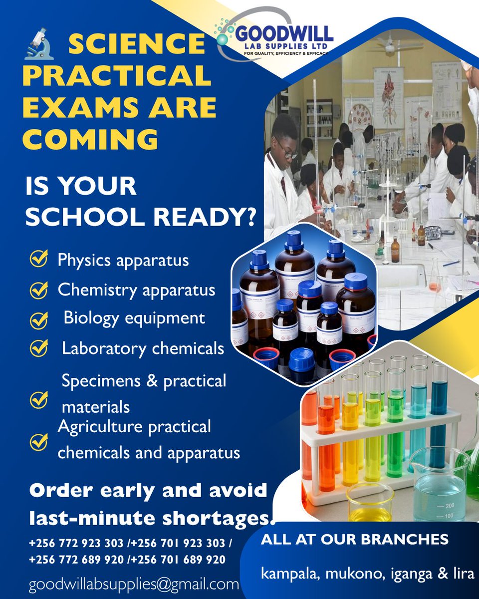 goodwilllab's tweet photo. 🧪 Science Practical Exams are coming!

Is your school ready?

Get Physics &amp; Chemistry apparatus, Biology equipment, laboratory chemicals, specimens &amp; practical materials from Goodwill Lab Supplies.

📍 Kampala | Mukono | Iganga | Lira
📞 Order early &amp; avoid shortages. https://t.co/TtXDKFTEJ1