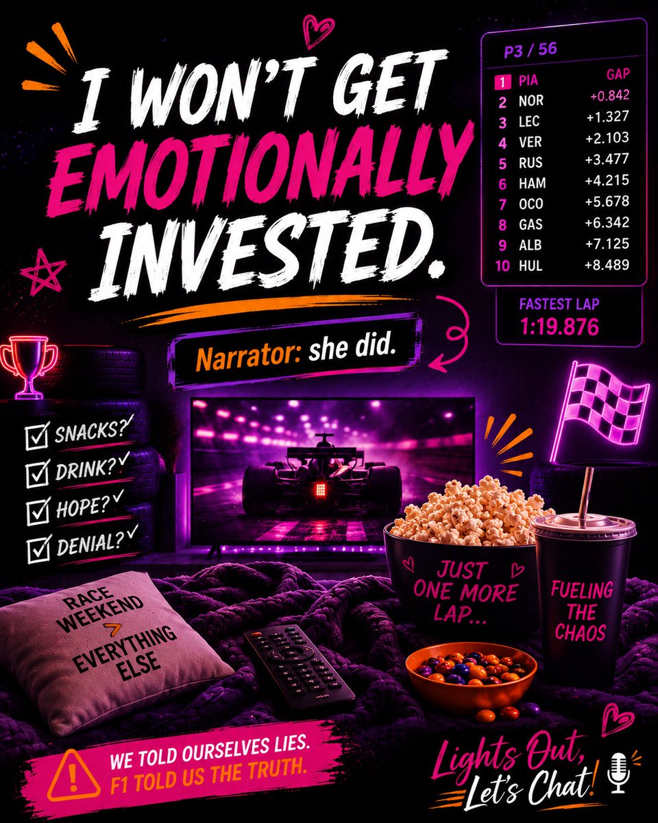MarkRubalf1's tweet photo. Race weekend rule: the moment you say, “I’m not getting emotionally invested this time, ” you’ve already lost. Three sessions later, you’re analyzing tires like someone pays you. Please tell me I’m not alone. https://t.co/jqN22GiUOv