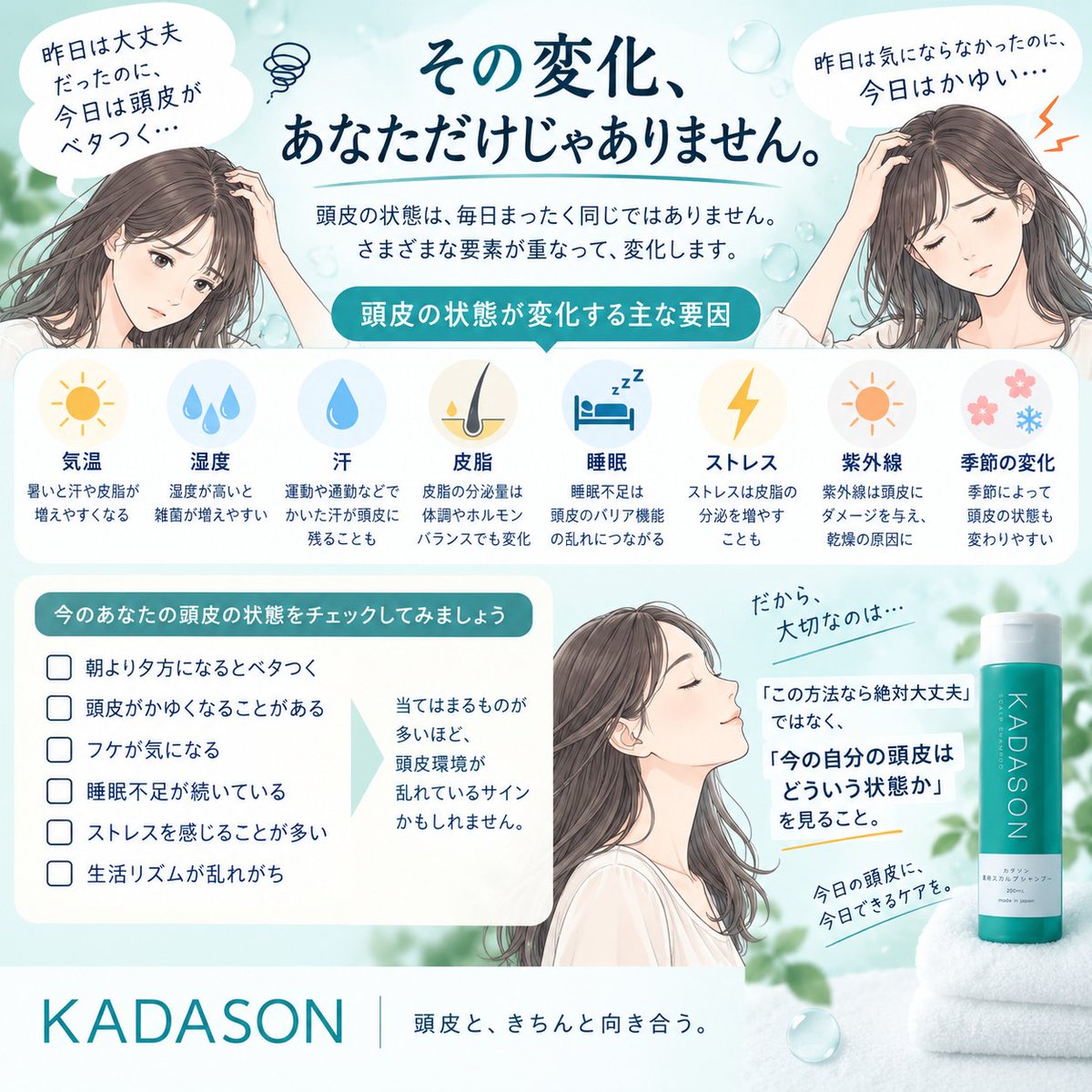 KADASON_ys's tweet photo. では、今のあなたの頭皮をチェック。

□ 夕方になるとベタつく
□ 頭皮がかゆくなる
□ フケが気になる
□ 汗をかくと頭皮が気になる
□ 最近、睡眠不足
□ ストレスを感じることが多い
□ 生活リズムが乱れている

いくつ当てはまりましたか？

当てはまる項目が多いほど、
今の頭皮の状態を一度見直してみるきっかけになれば幸いです🌱