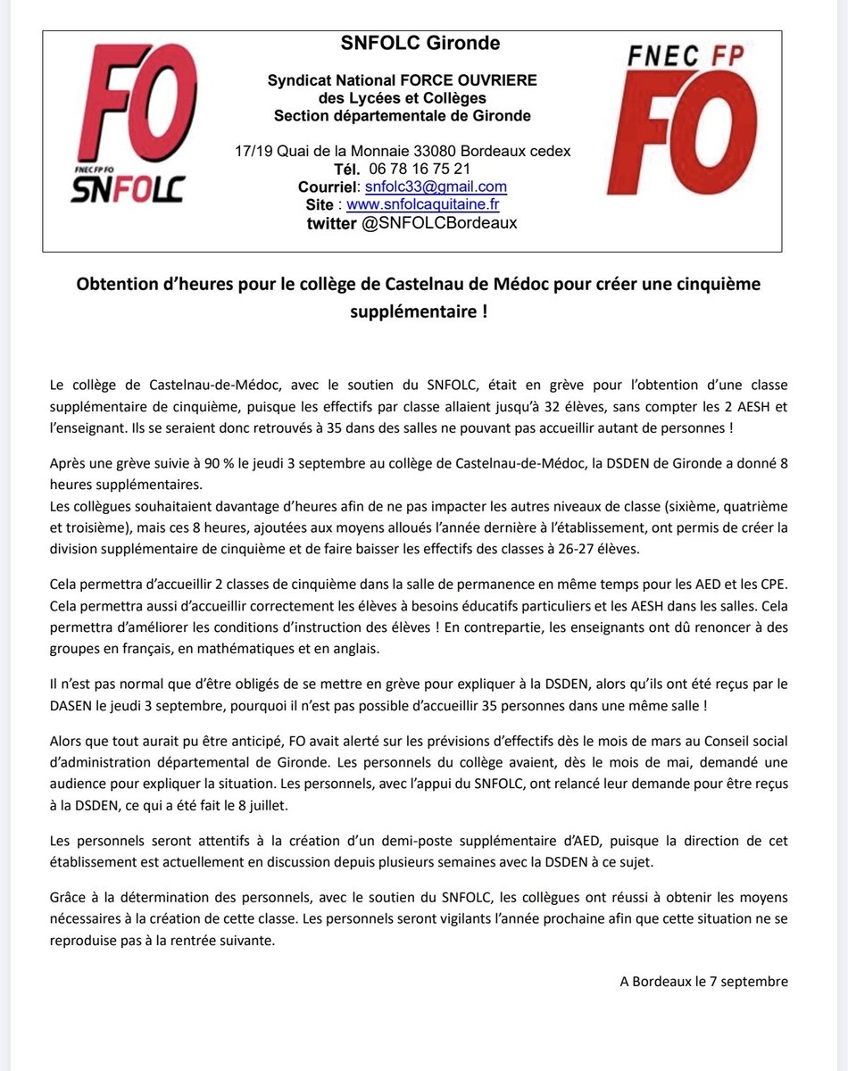 UD_FO_33's tweet photo. Après, une grève suivie à 90%, le collège de Castelnau Medoc obtient 8h supplémentaires et donc la création d'une classe supplémentaire de 5eme. 
Les effectifs baissent de 32 à 26/27 élèves/classe.
 #rentrée2026
@SNFOLC_national https://t.co/yqS2lbHZUj