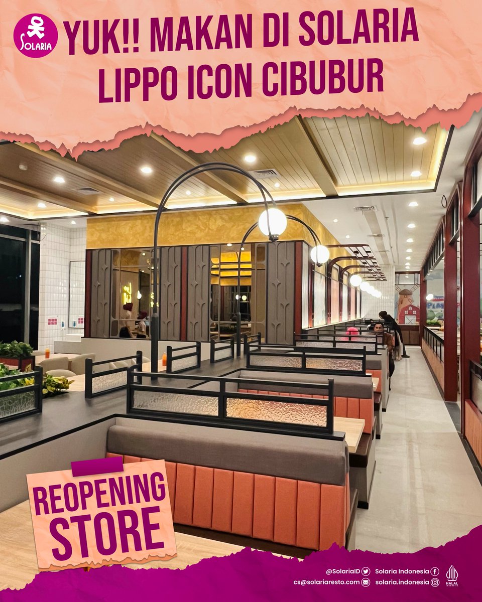 SolariaID's tweet photo. Hai #Solarians, sekarang Solaria Lippo Icon Cibubur hadir di Lantai 2 dengan tampilan baru loh✨️

Suasananya fresh dan nyaman banget buat makan bareng orang terdekat 🥰

Yang gak sabar buruan merapat aja yuk. Ditunggu kedatangannya #Solarians!

📍Solaria Lippo Icon Cibubur Lantai 2

#Solariaindonesia #solariaresto #Solaria