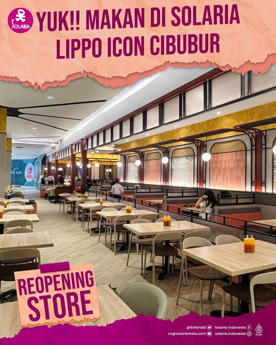 SolariaID's tweet photo. Hai #Solarians, sekarang Solaria Lippo Icon Cibubur hadir di Lantai 2 dengan tampilan baru loh✨️

Suasananya fresh dan nyaman banget buat makan bareng orang terdekat 🥰

Yang gak sabar buruan merapat aja yuk. Ditunggu kedatangannya #Solarians!

📍Solaria Lippo Icon Cibubur Lantai 2

#Solariaindonesia #solariaresto #Solaria