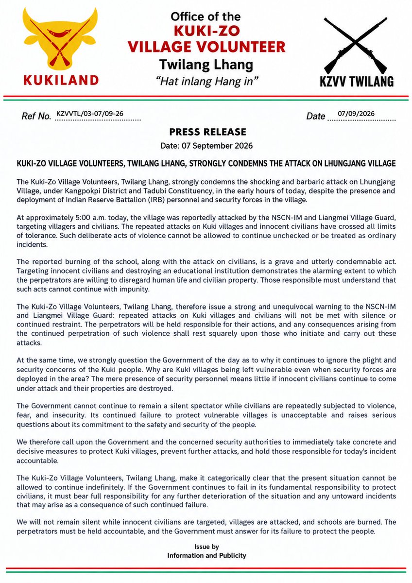 ElizabethMv76's tweet photo. ⚠️ WARNING: Kuki-Zo Village Volunteers, Twilang Lhang, issue a strong and unequivocal warning to NSCN-IM and Liangmei Village Guard: repeated attacks on Kuki villages and civilians will not be met with silence or continued restraint. https://t.co/sybnfrtEqm