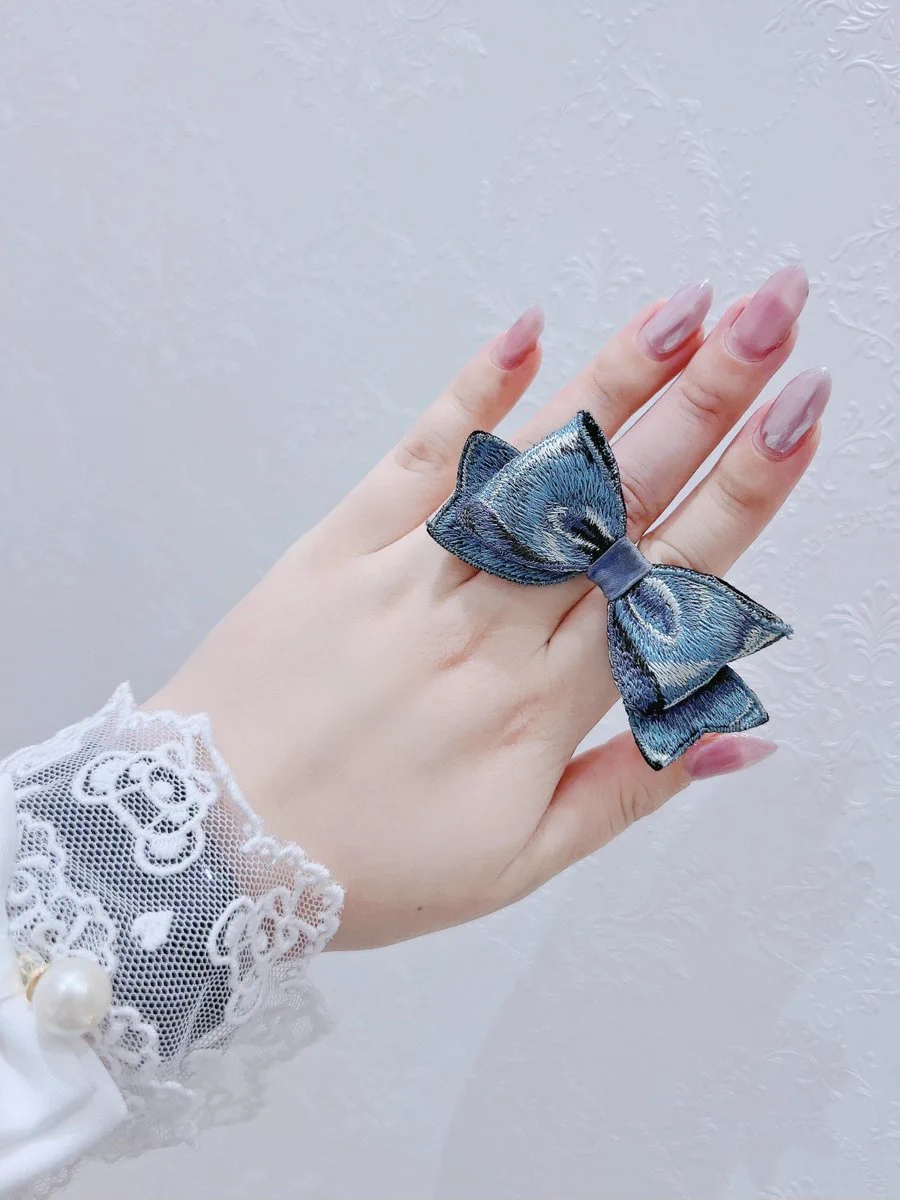 okappalover ♡ 刺繍のリボン リング & バレッタ セット　静脈の青 okappalover ♡ 刺繍のリボン リング & バレッタ セット 静脈の青