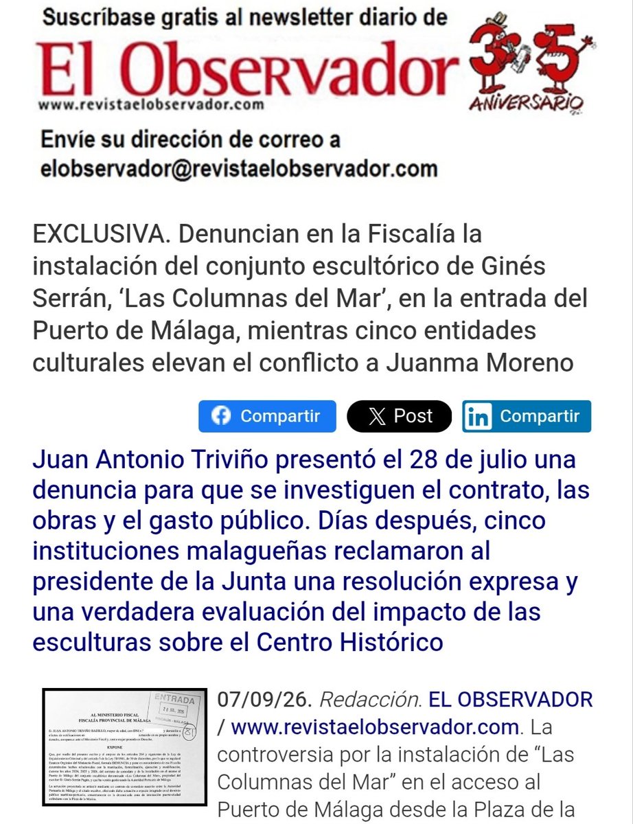 _ElObservador_'s tweet photo. @malaga @malagaport @JuanMa_Moreno @RemediosRamos1 @cubillofm @noalrascacielos @NachoRomera1 @VinagreBoqueron @PSOEaytoMalaga #OJO

#JuanAntonioTriviño presentó el 28 de julio una denuncia para que se investiguen el contrato, las obras y el gasto público. 

Días después 5 instituciones de @Malaga reclamaron al presidente Moreno una resolución expresa y evaluación del impacto sobre el Centro Histórico.
. https://t.co/AxTbmCHXvM