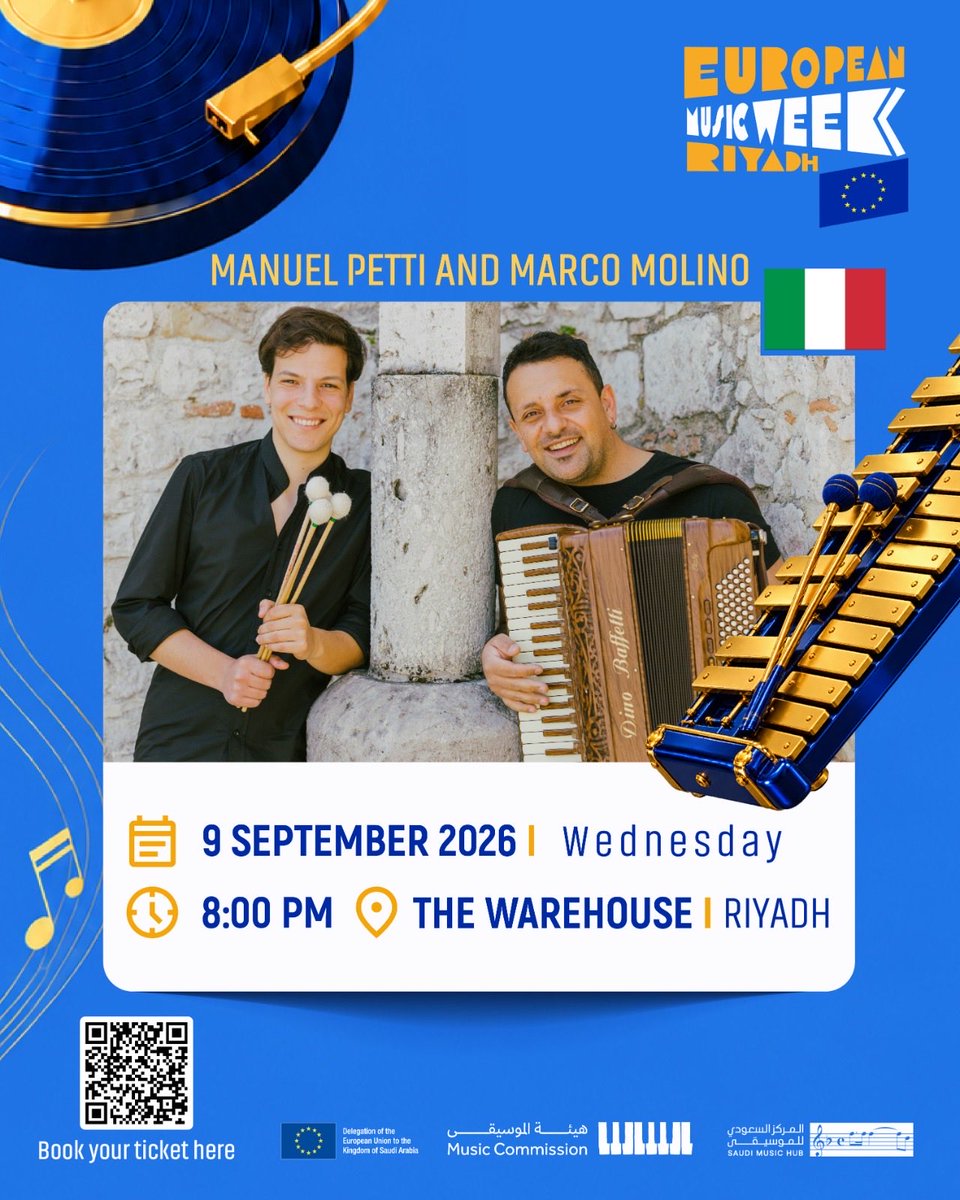 ItalyinKSA's tweet photo. 🎶🇮🇹 🇪🇺Italy joins the 3rd European Week of Music in Saudi Arabia with Duo Petti–Molino. Experience an evening where Italian musical excellence meets experimentation, dialogue and creativity. 📍The Warehouse, Riyadh 
9 Sept | 8:00 p.m.
Registration: https://t.co/MuKPBJ35LP https://t.co/juclXO7JVv