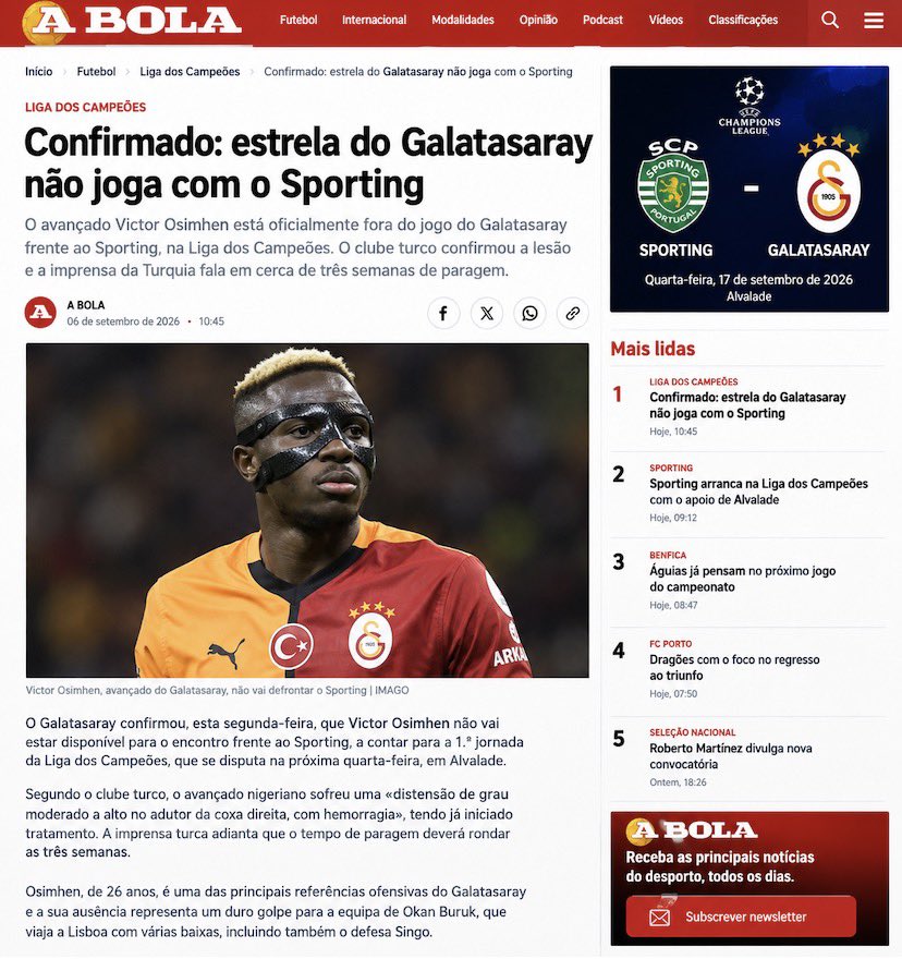 Gala35Gala's tweet photo. Sporting Lizbon basını Osimhen yok diye seviniyor. Haklılar, büyük avantaj.

Ama unuttukları bir şey var:

Rafael Leão. 🦁

Kendi altyapılarından çıkardıkları yıldız, bu kez karşılarında Galatasaray formasıyla.

Osimhen yoksa Leão var. Hem de Sporting’in kendi silahı.
🟡🔴 https://t.co/yUbLxE1hyN