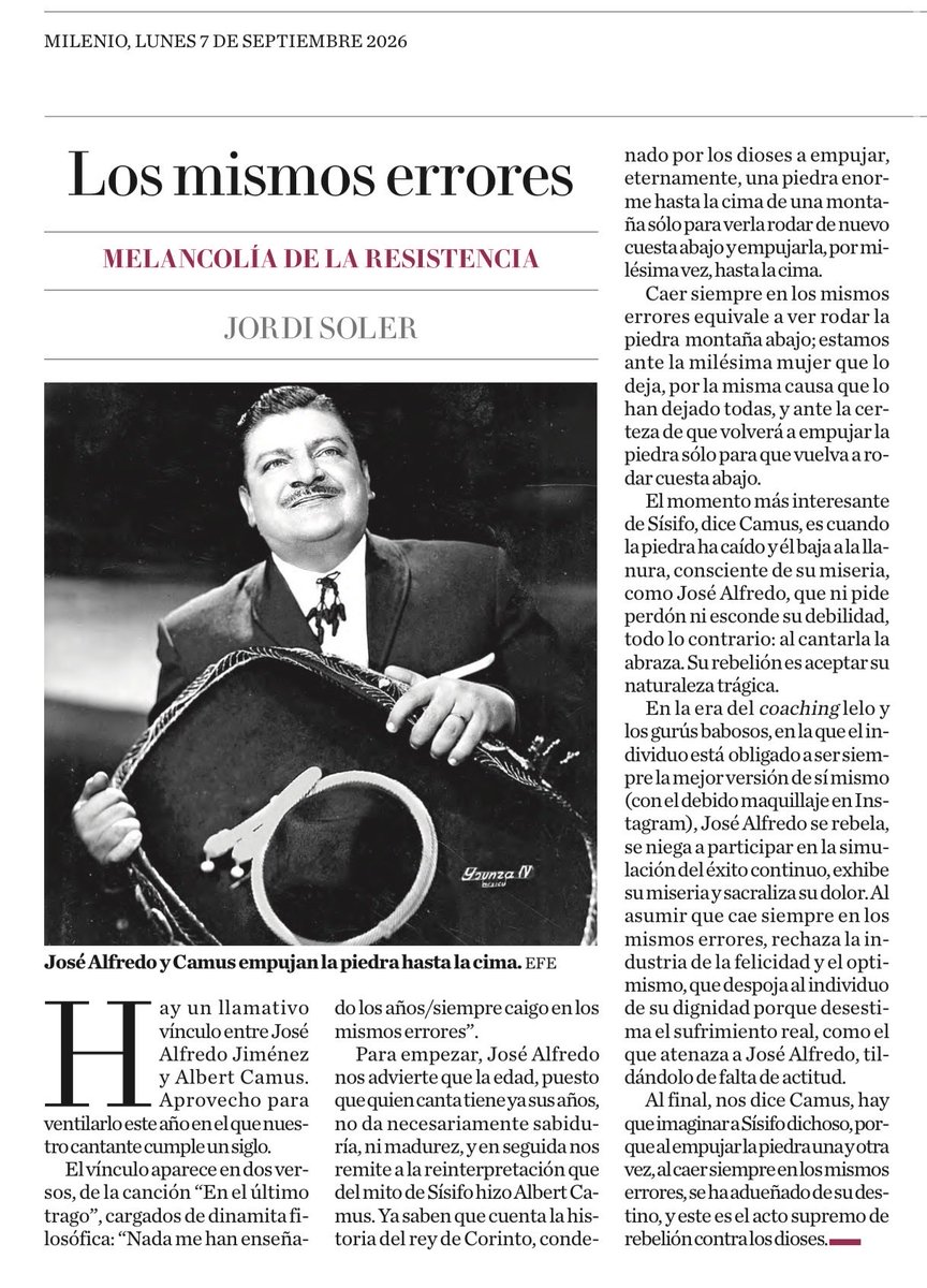jsolerescritor's tweet photo. Los mismos errores (la línea que va de José Alfredo Jiménez a Albert Camus). Mi artículo de hoy @Milenio https://t.co/BZ7lTuptIE
