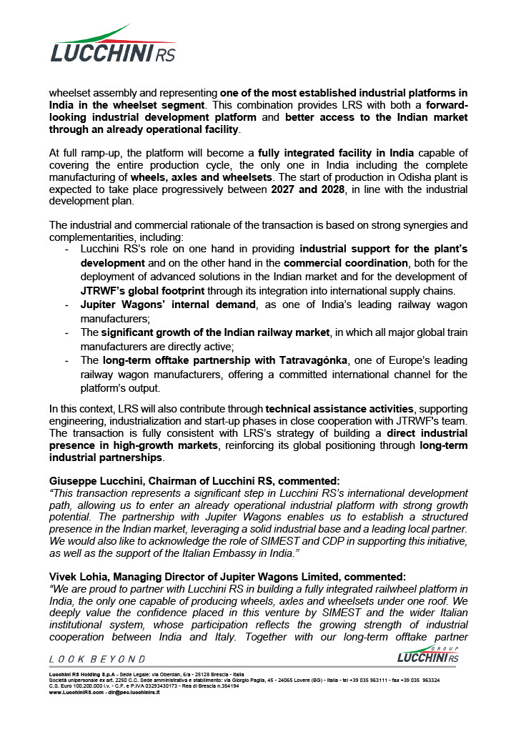 LucchiniRS's tweet photo. Lucchini RS has signed strategic agreements with Jupiter Wagons Limited to support the development of an integrated railway industrial platform in India, focused on wheels, axles and wheelsets.

The initiative marks an important step in our international growth strategy. https://t.co/OlGkVMdx11