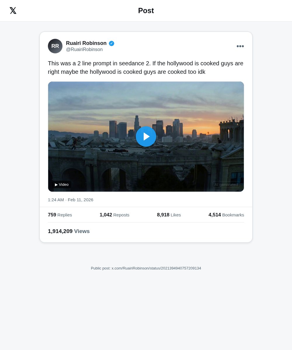 shortformcases's tweet photo. 1.91M views · 8.9K likes from a 2-line Seedance 2 prompt — and the whole action beat is ~15 seconds.

Format: ultra-short cinematic proof next to the prompt cost. Show what two lines buy, then stop.

@RuairiRobinson

Steal the prompt+result pair habit. Keep subjects original — do not clone the shot.

https://t.co/V2TAofRlRo