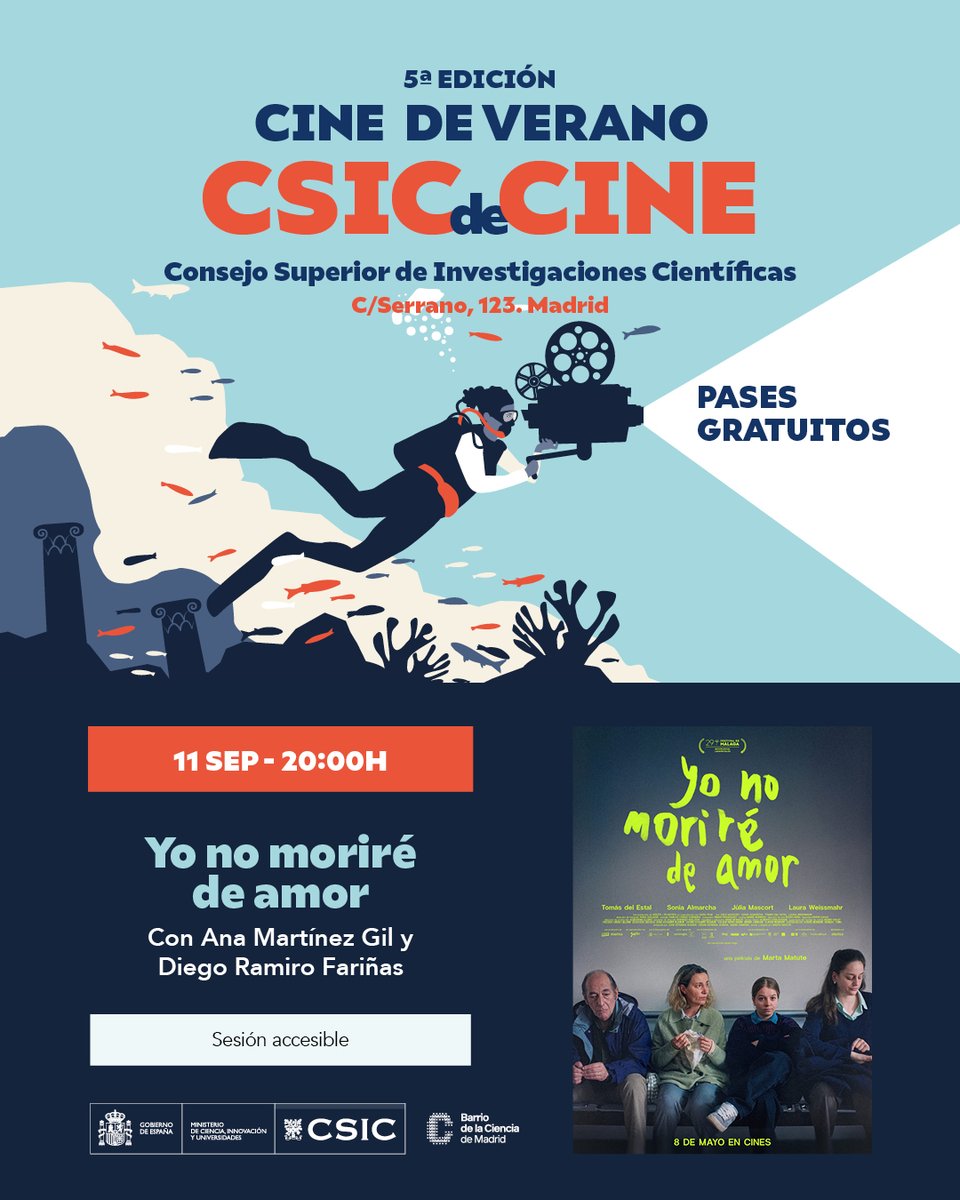 CSICdivulga's tweet photo. 🎟️¡Ya están disponibles las entradas para la primera sesión de #CSICdeCine! El ciclo arranca con la película 'Yo no moriré de amor'. ¡Os esperamos! 

➡️https://t.co/JlNn7FC0wi
📅11 de septiembre, 20h
📌Salón de actos de la sede central del @CSIC https://t.co/g8hFnCabpp