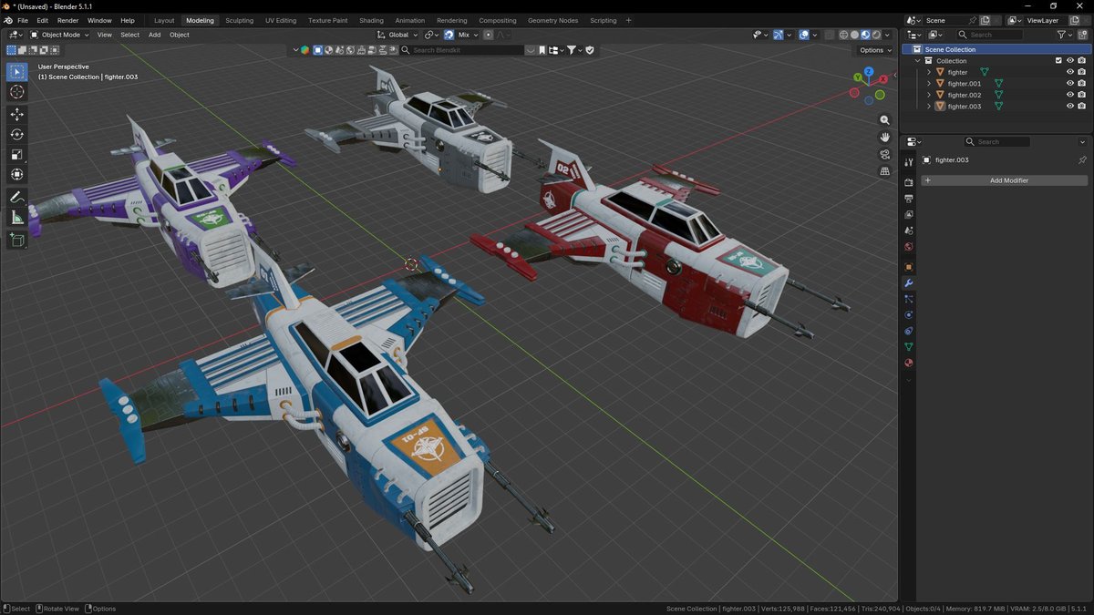 RedKaiser555's tweet photo. Scout fighter.
Rendered in Blender 5.1, cycles render.
#blender #scifi #spaceship https://t.co/x48nwsYMS7