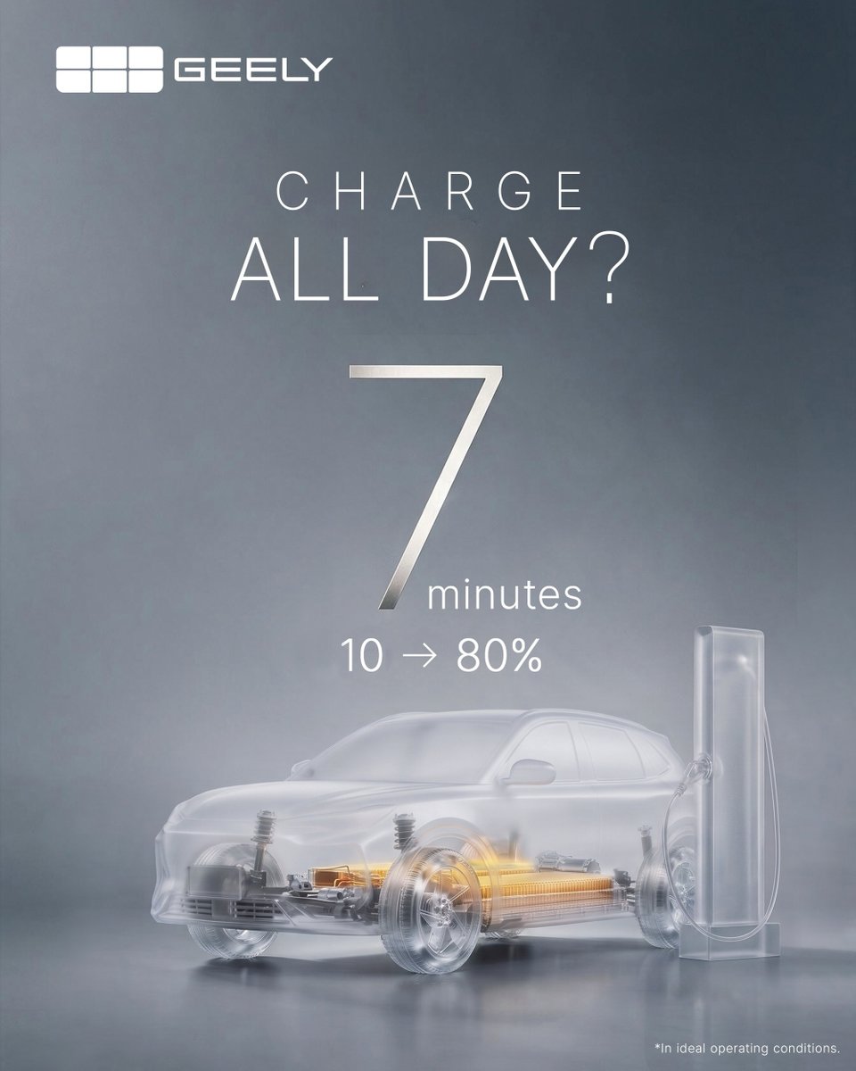 GeelyAutoCanada's tweet photo. Think EV charging takes all day? 

Geely fast charging can take you from 10% → 80% in just 7 minutes, under ideal operating conditions.

Less waiting. More driving.

#Geely #GeelyAutoCanada #GeelyTech #EV #ElectricVehicle #EVTechnology #FastCharging https://t.co/XGeQRHSdkn