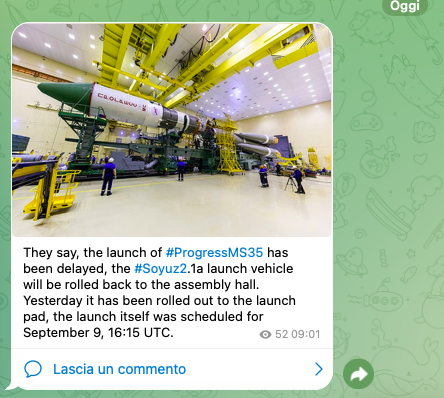 LKosmonautika's tweet photo. Secondo la blogger Katya Pavlushenko (@katlinegrey ), il lancio della #ProgressMS35 sarà rinviato. Il lanciatore è stato riportato nell'edificio di assemblaggio. Attendiamo aggiornamenti da #Roscosmos https://t.co/wSrQy0WJTo