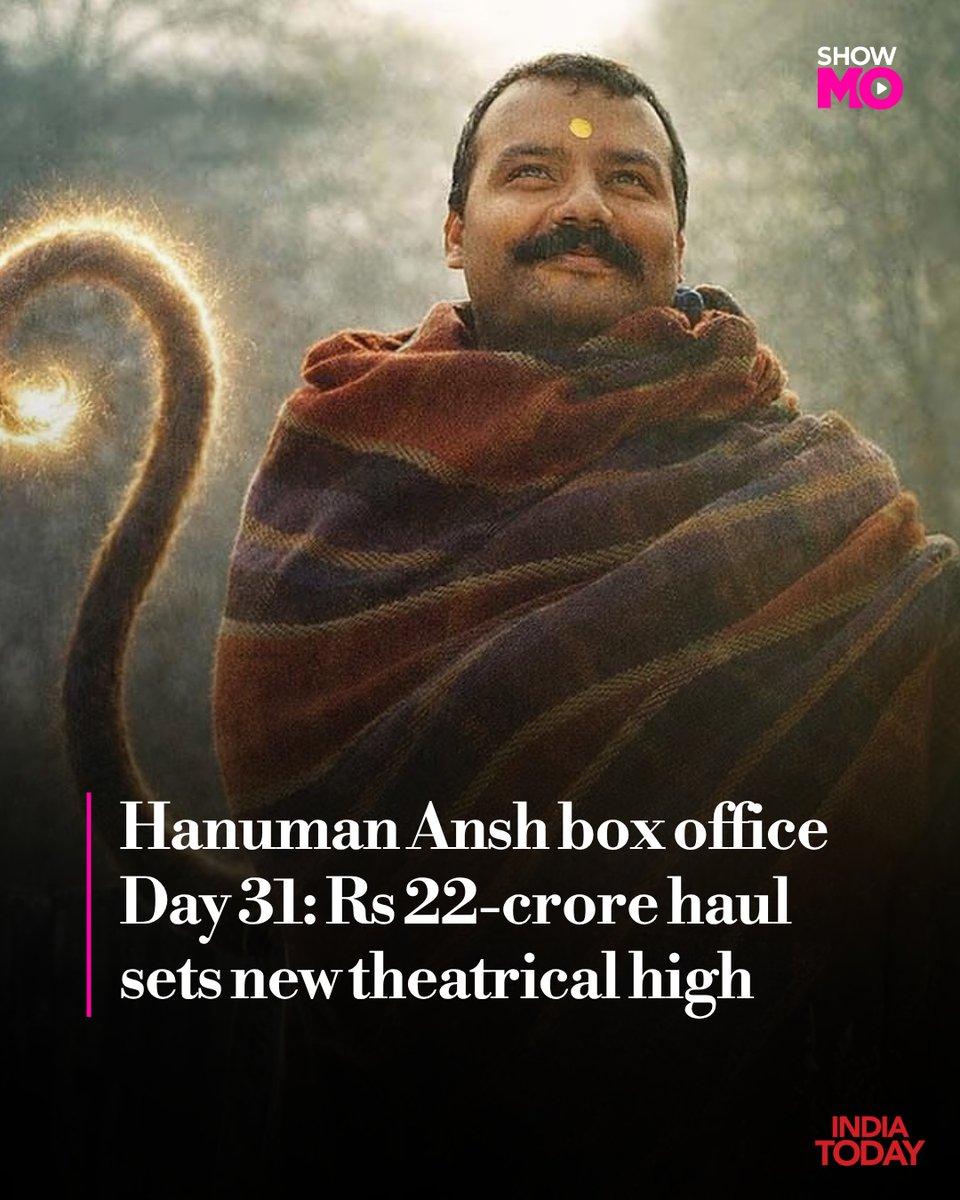 IndiaToday's tweet photo. Hanuman Ansh has delivered its biggest single-day collection since release, registering a remarkable jump on its 31st day at the box office. The Shobhinaw Satyaa and Chandan Anand-starrer, which has been enjoying an unusual late surge in theatres, earned an estimated Rs 22.75 crore nett (gross minus taxes) in India on Sunday, according to trade website Sacnilk.

With this, the film’s India gross collection stands at Rs 144.40 crore, while its India net collection has reached Rs 122.13 crore so far. The film's Day 31 collection came from 7,077 shows across the country.

#HanumanAnsh #HanumanAnshBoxOffice #BoxOffice #Bollywood #MovieCollection #IndianCinema