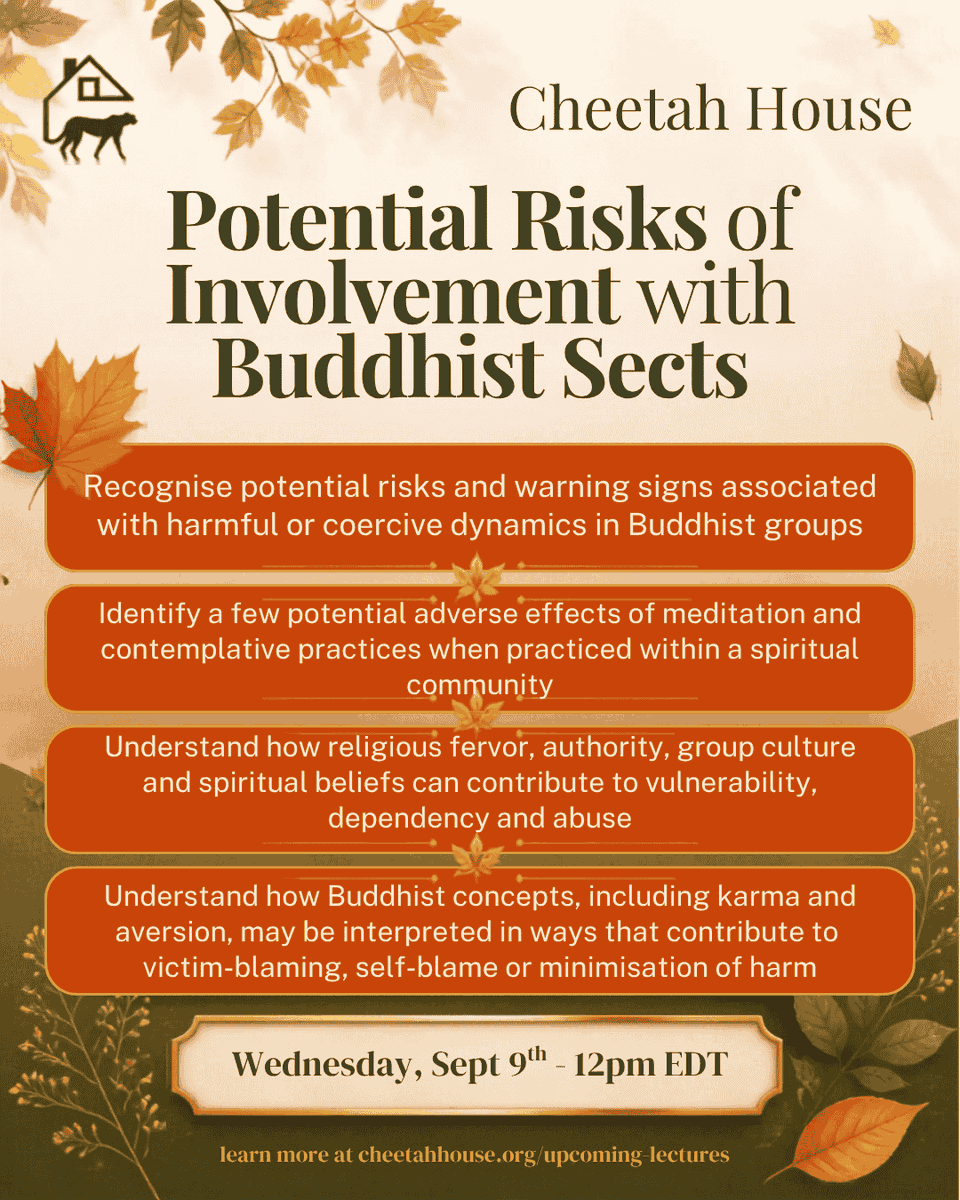 CheetahHouseOrg's tweet photo. Live this Wednesday at 12pm EDT! Dr. Haslam presents on the risks of Buddhist sects, spiritual abuse &amp; trauma-informed safety. APA credit available / $40 (sliding scale). https://t.co/FVuU2ysaMR
