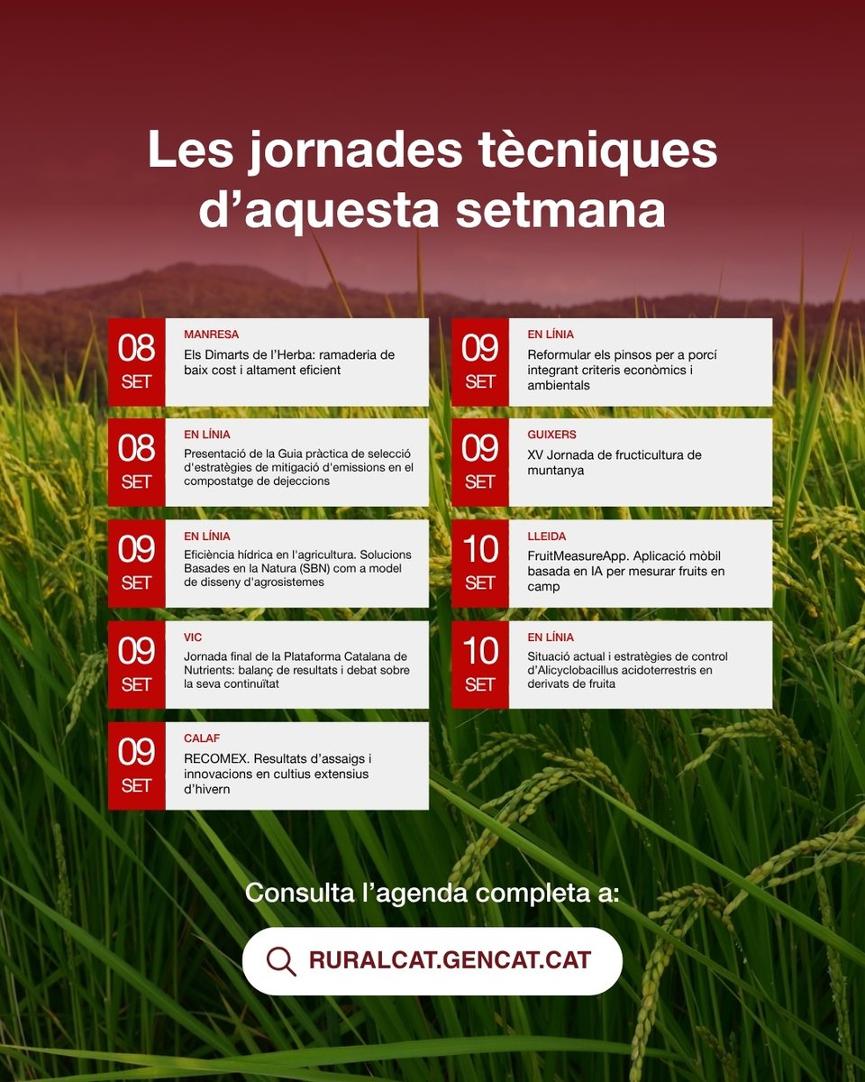 ruralcat's tweet photo. 📅Agenda 𝗣𝗔𝗧𝗧 >> Consulta les jornades tècniques presencials i en línia que tindran lloc aquesta setmana #PATT2026 
Consulta l'agenda➡️ https://t.co/qNqedxRYdL https://t.co/tNB5qUGnJ8