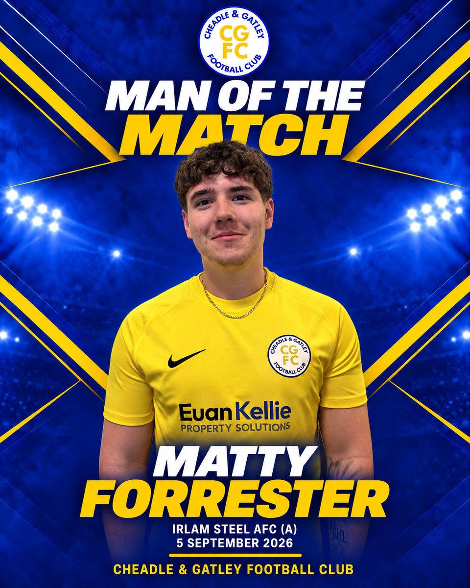 CGFC1st's tweet photo. 🏆 MAN OF THE MATCH 🔵🟡

Matty Forrester takes the honours from our opening game away at Irlam Steel AFC! 👏

Well played, Matty! 💪⚽️

#CheadleAndGatleyFC #CGFC #ManOfTheMatch #GrassrootsFootball https://t.co/K96USivhw5