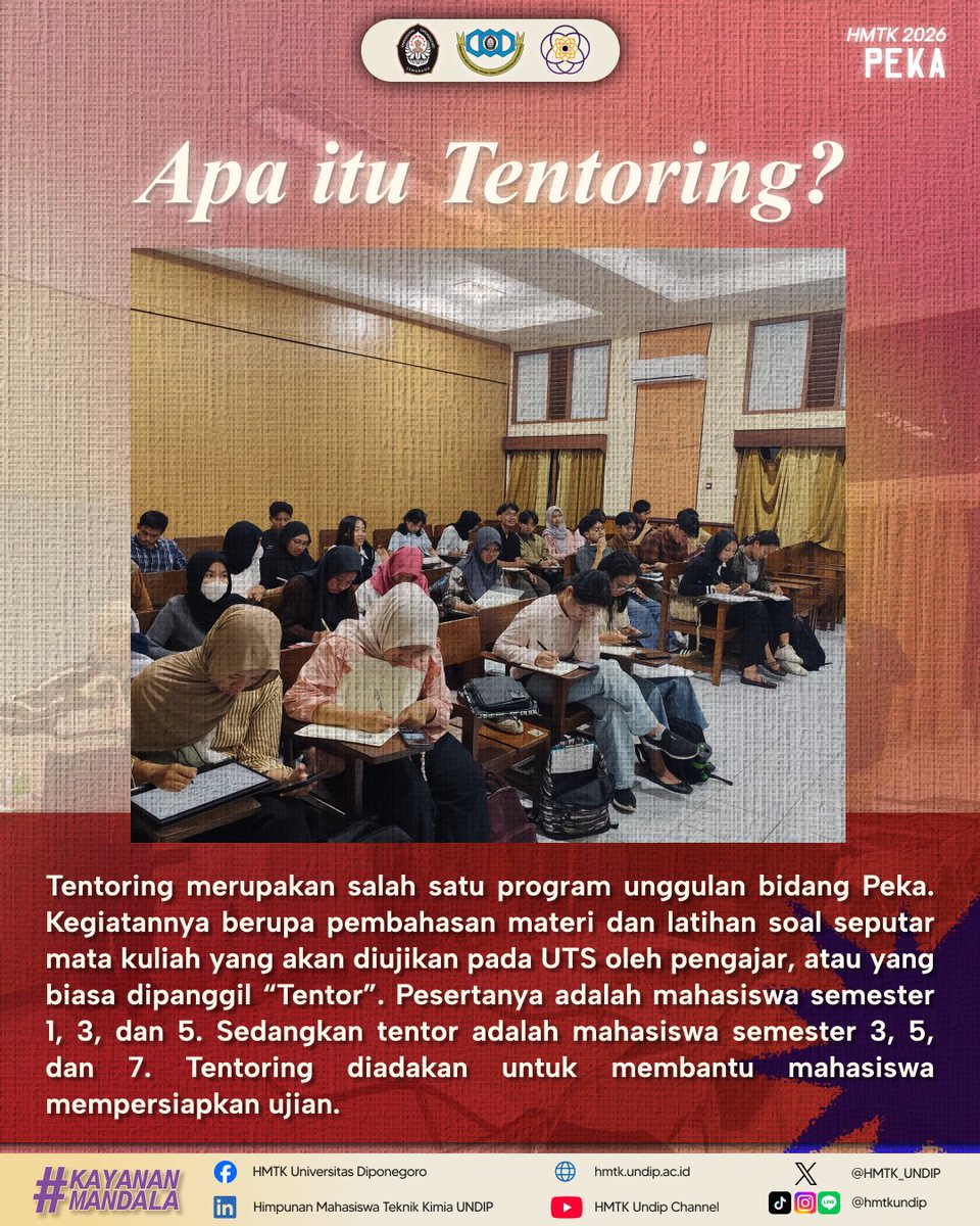 HMTK_UNDIP's tweet photo. [!!TENTORING UTS IS COMING!!]

Halo, warga Teknik Kimia!

Tidak terasa UTS sudah semakin dekat. Mari bersama-sama menyiapkan diri dengan mengikuti
TENTORING UTS GASAL 26/27
Bersama para tentor yang nilainya bagus dan dijamin kompeten! https://t.co/yR1pCwmEVS